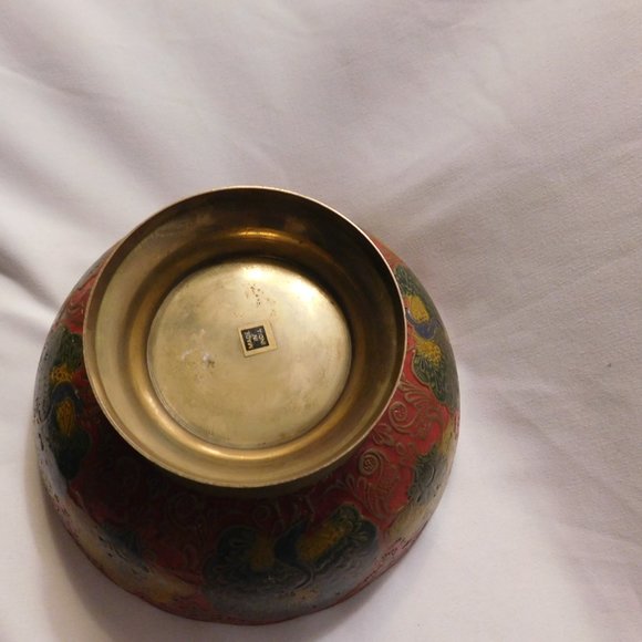 Vintage Peacock Floral Brass Enameled Bowl - Picture 2 of 7
